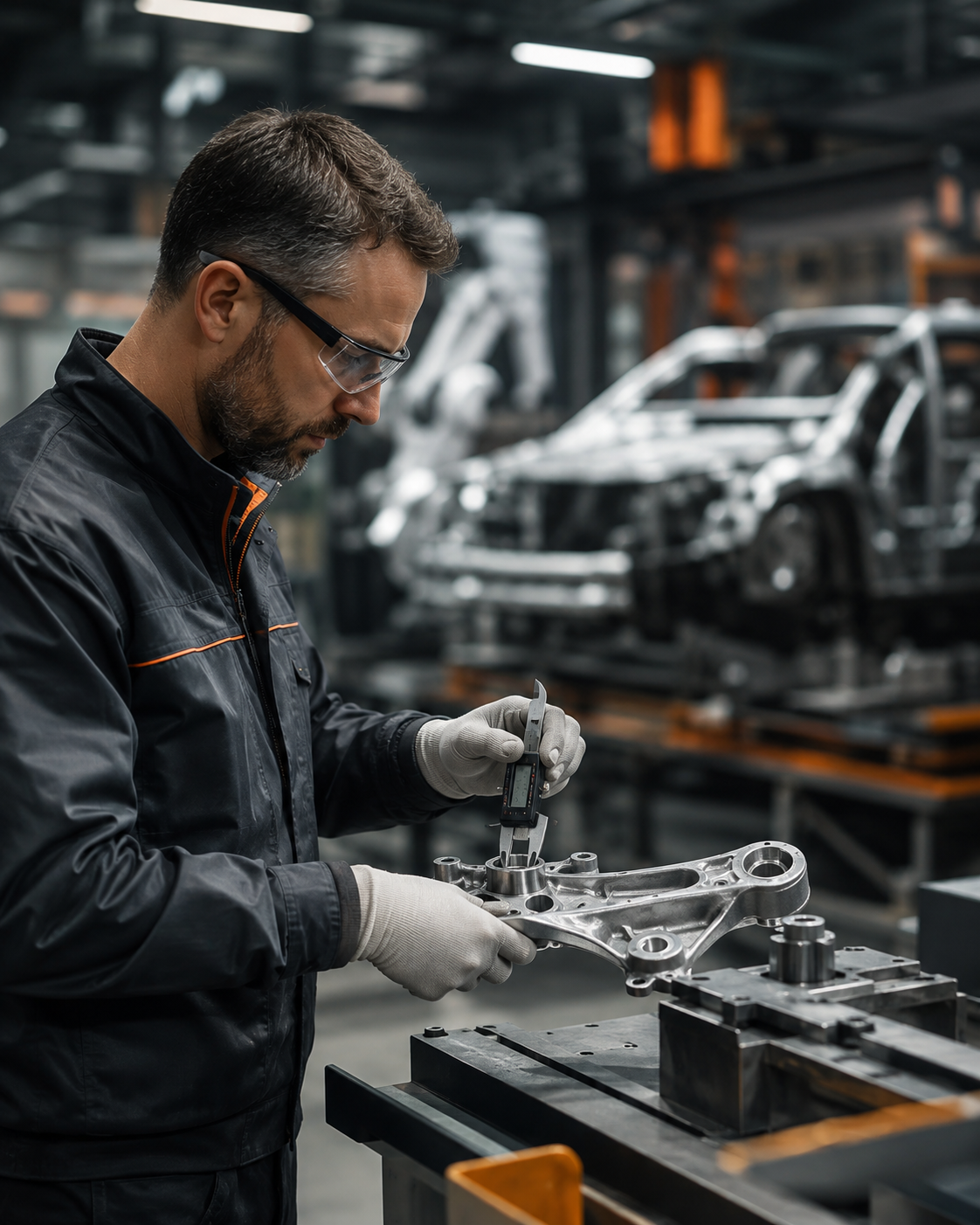 QCORE quality inspector measuring an automotive component with a digital caliper